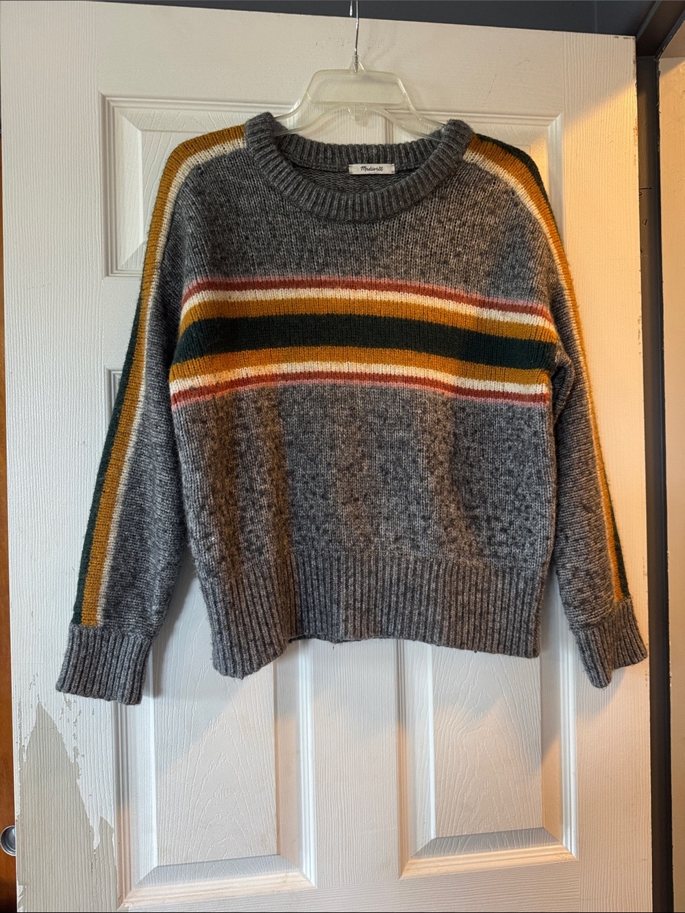 Madewell Gray Crewneck Sweater with Mustard, Green & Rust Stripes